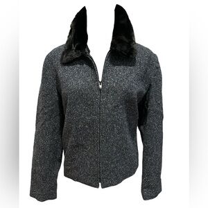 NWOT TALBOTS BLUE TWEED WOOL BLEND BOMBER JACKET W BLACK FAUX FUR COLLAR SZ 14